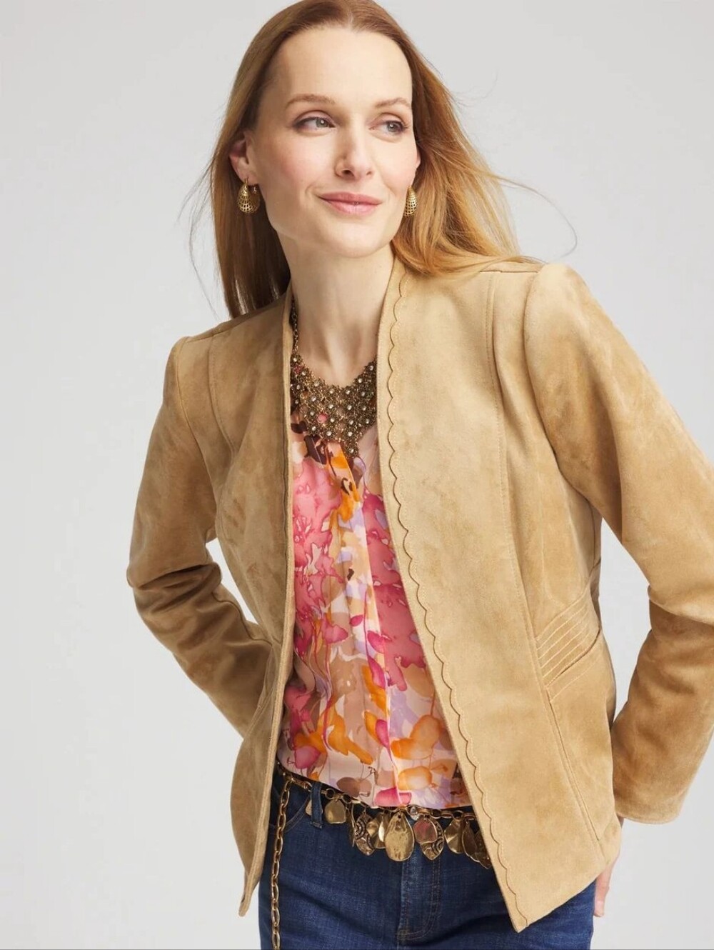 NWT Chico's Tan Suede Scalloped-Edge Open Jacket